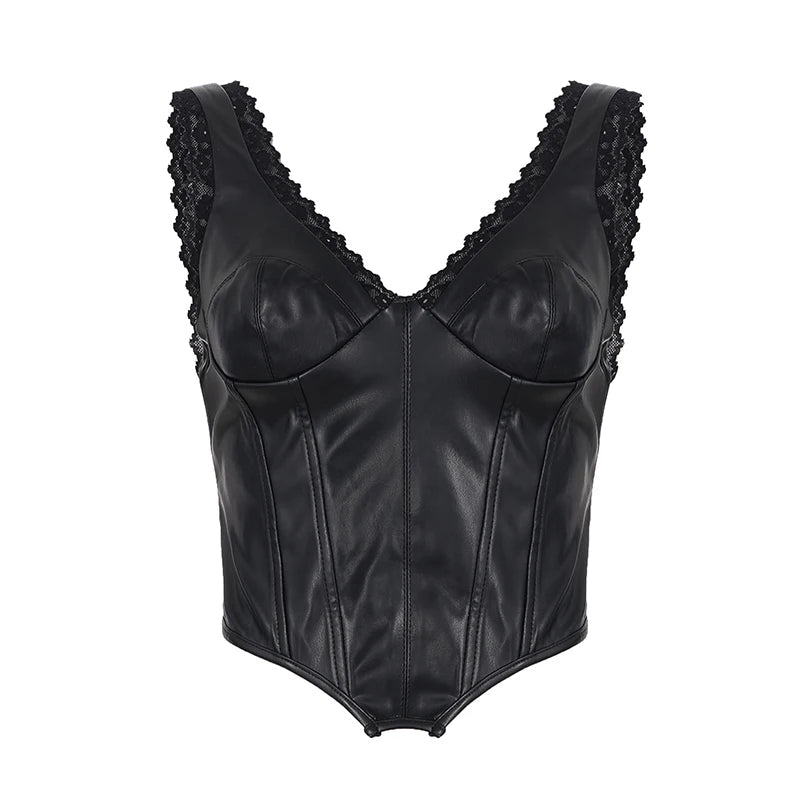 Short Leather Vest with Lace Trim Gothic Eco - Friendly Sexy Baddie Corset Top Zipper Front Club Party Bustier - Zeprah
