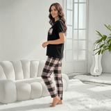 Short Sleeve Crew Neck Top & Plaid Trousers , Soft Knit Casual Loungewear (Machine - Washable, Summer/Spring),Pajamas Set Women's Sleepwear - Zeprah