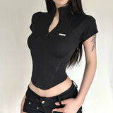 Short Sleeve Solid T-Shirt Minimalist Techwear Style Slim Fit Casual Athletic Top Metallic Logo Stretch Knit Breathable - Zeprah