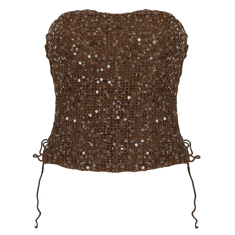 Short Tube Top Mesh Sequined Lace - Up Sides Patchwork Knitted Corset Bustier Sexy Backless Sleeveless Front Breathable Women - Zeprah