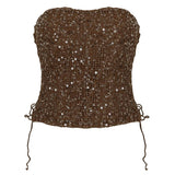 Short Tube Top Mesh Sequined Lace - Up Sides Patchwork Knitted Corset Bustier Sexy Backless Sleeveless Front Breathable Women - Zeprah