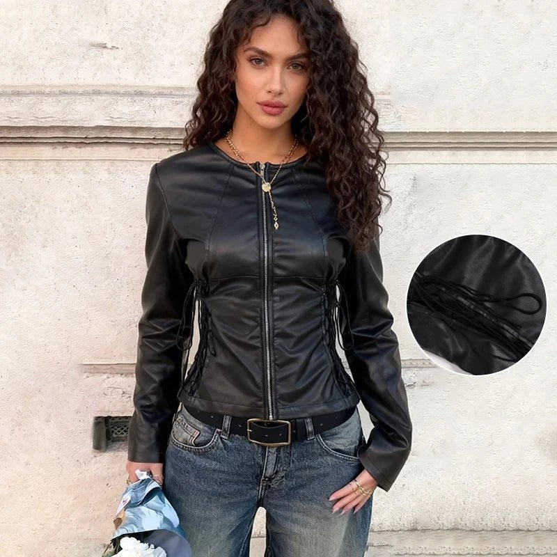 Side Tie Biker Jacket Corset Lacing Detail Streetwear Fashion PU Leather Long Sleeve Knitted Waterproof Windproof Eco - Friendly - Zeprah