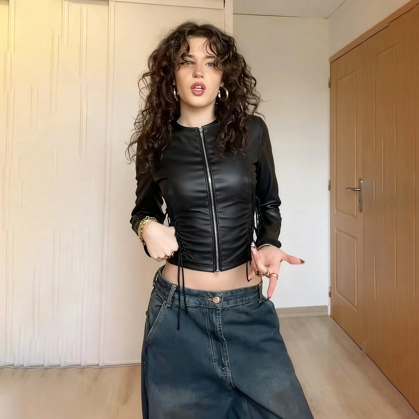 Side Tie Biker Jacket Corset Lacing Detail Streetwear Fashion PU Leather Long Sleeve Knitted Waterproof Windproof Eco - Friendly - Zeprah