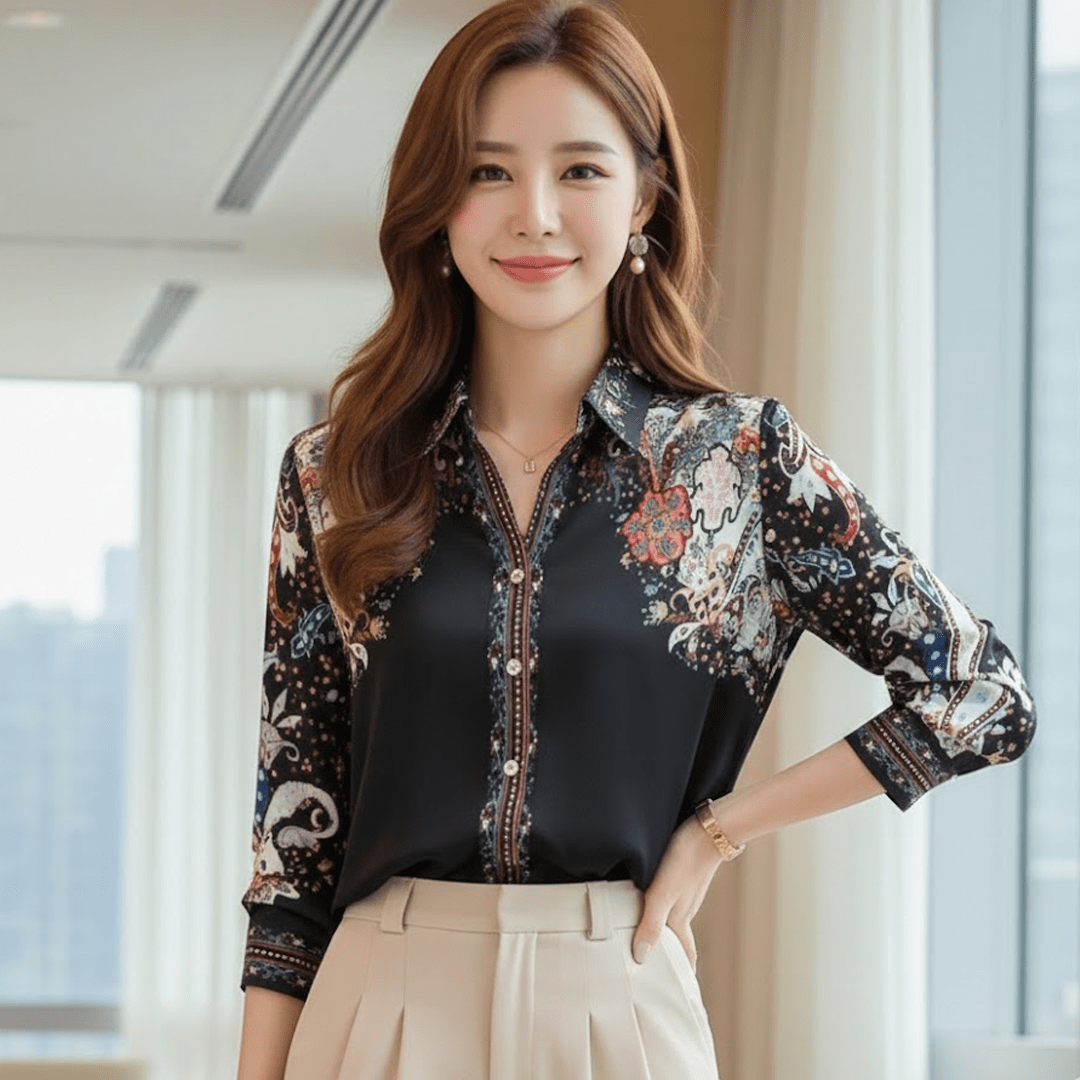 Silk - Effect Blouse with Chic Paisley Border Print - Zeprah