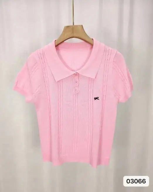 simple Short Sleeve T-shirt Knitted Tops for Women Bow Embroidery Short - sleeved Knitwear - Zeprah