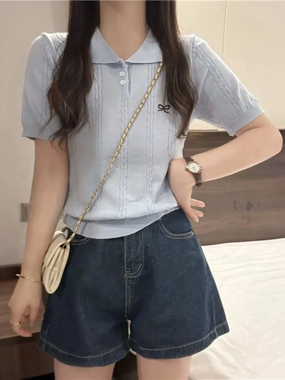 simple Short Sleeve T-shirt Knitted Tops for Women Bow Embroidery Short - sleeved Knitwear - Zeprah