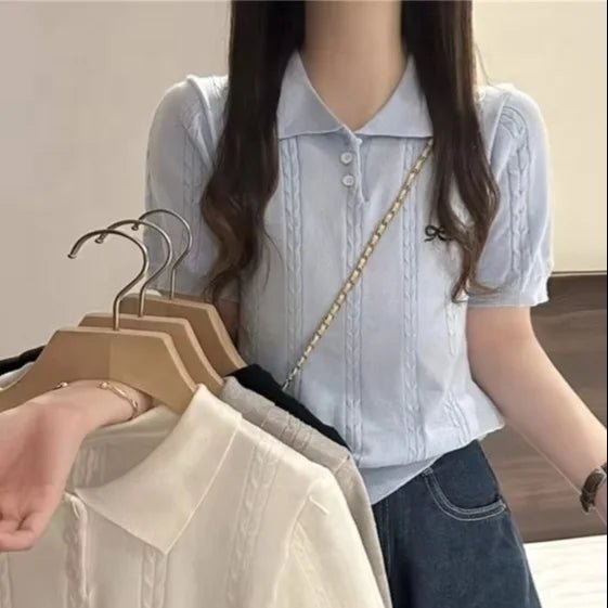 simple Short Sleeve T-shirt Knitted Tops for Women Bow Embroidery Short - sleeved Knitwear - Zeprah