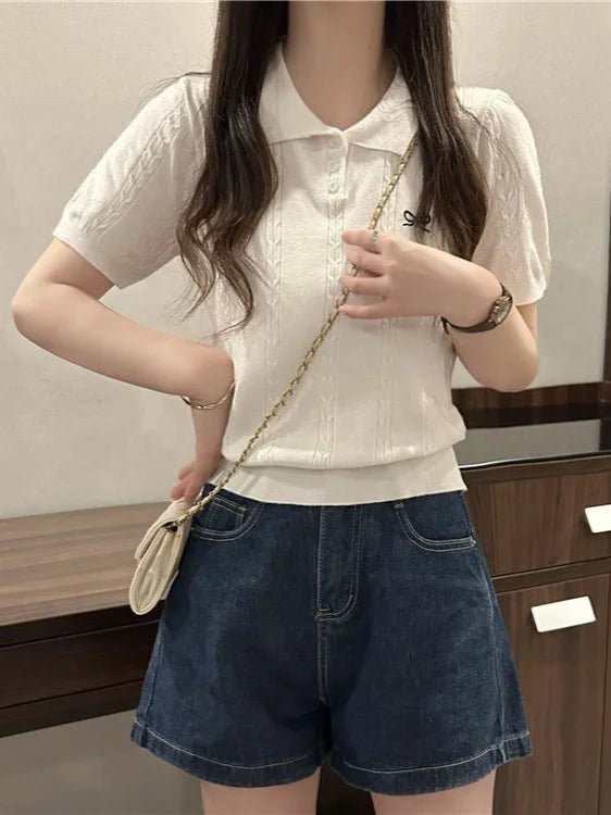 simple Short Sleeve T-shirt Knitted Tops for Women Bow Embroidery Short - sleeved Knitwear - Zeprah