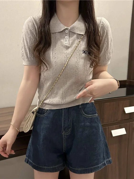 simple Short Sleeve T-shirt Knitted Tops for Women Bow Embroidery Short - sleeved Knitwear - Zeprah