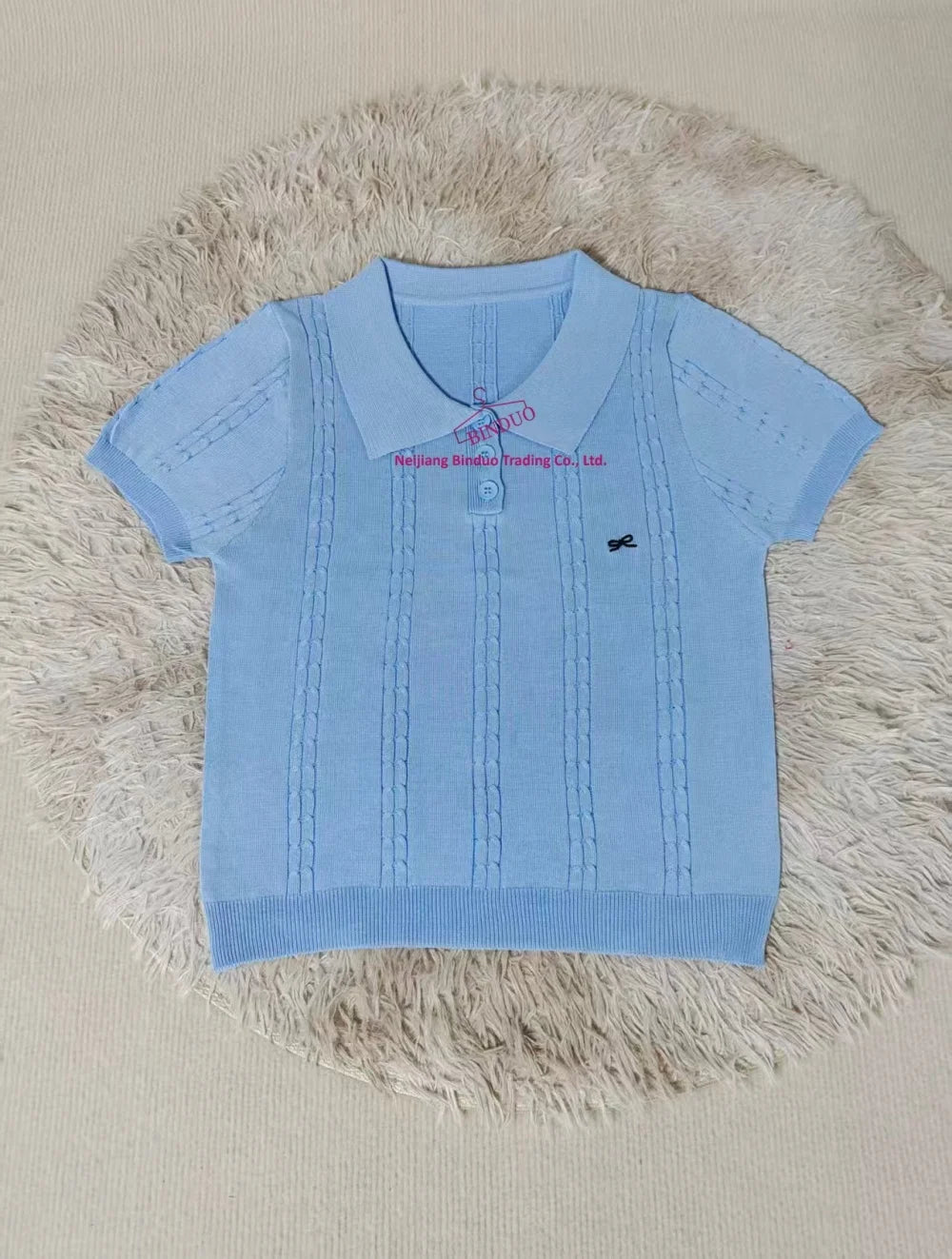 simple Short Sleeve T-shirt Knitted Tops for Women Bow Embroidery Short - sleeved Knitwear - Zeprah