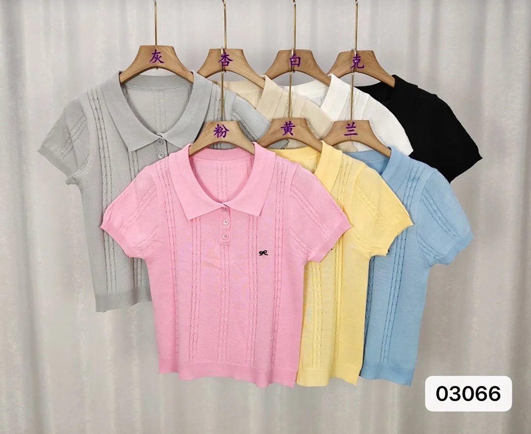 simple Short Sleeve T-shirt Knitted Tops for Women Bow Embroidery Short - sleeved Knitwear - Zeprah