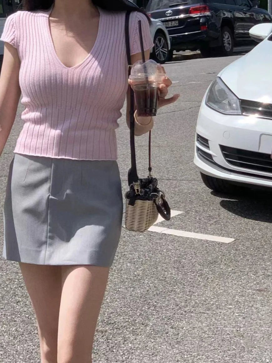 Simple Women's Clothing Knitted Tops for Women V - neck Plain Short - Sleeved Tee - Zeprah