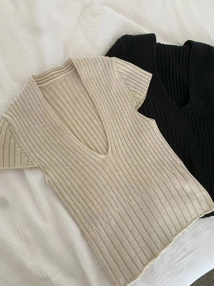 Simple Women's Clothing Knitted Tops for Women V - neck Plain Short - Sleeved Tee - Zeprah