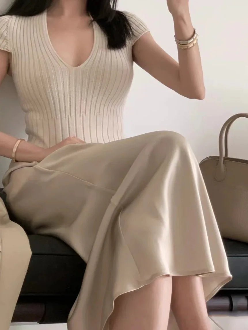 Simple Women's Clothing Knitted Tops for Women V - neck Plain Short - Sleeved Tee - Zeprah