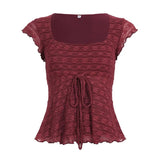 Sleeveless Solid Color Knitted Eco - Friendly T Shirt with Ruffle Trim and Front Tie Casual Fresh Style - Zeprah