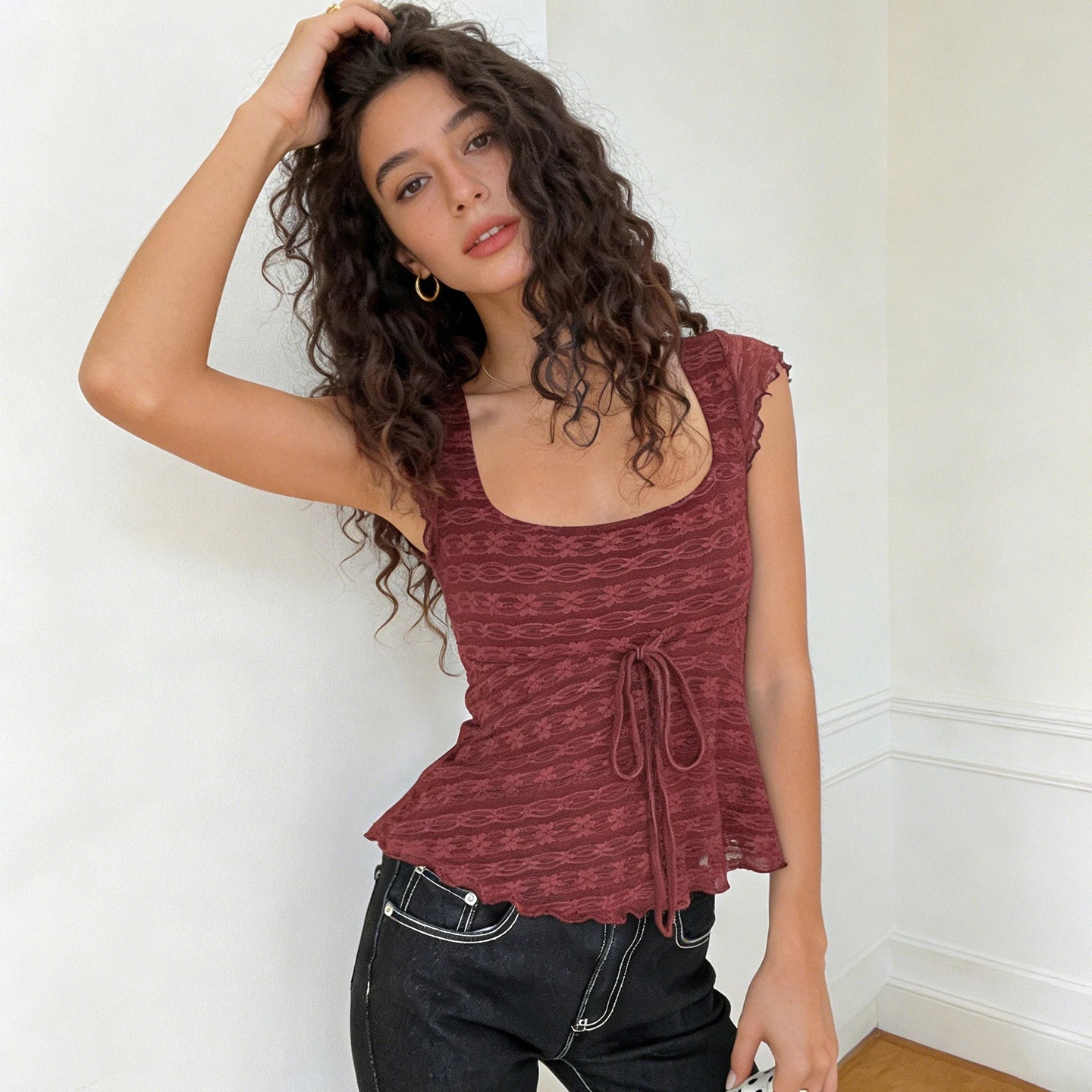 Sleeveless Solid Color Knitted Eco - Friendly T Shirt with Ruffle Trim and Front Tie Casual Fresh Style - Zeprah