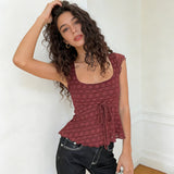 Sleeveless Solid Color Knitted Eco - Friendly T Shirt with Ruffle Trim and Front Tie Casual Fresh Style - Zeprah