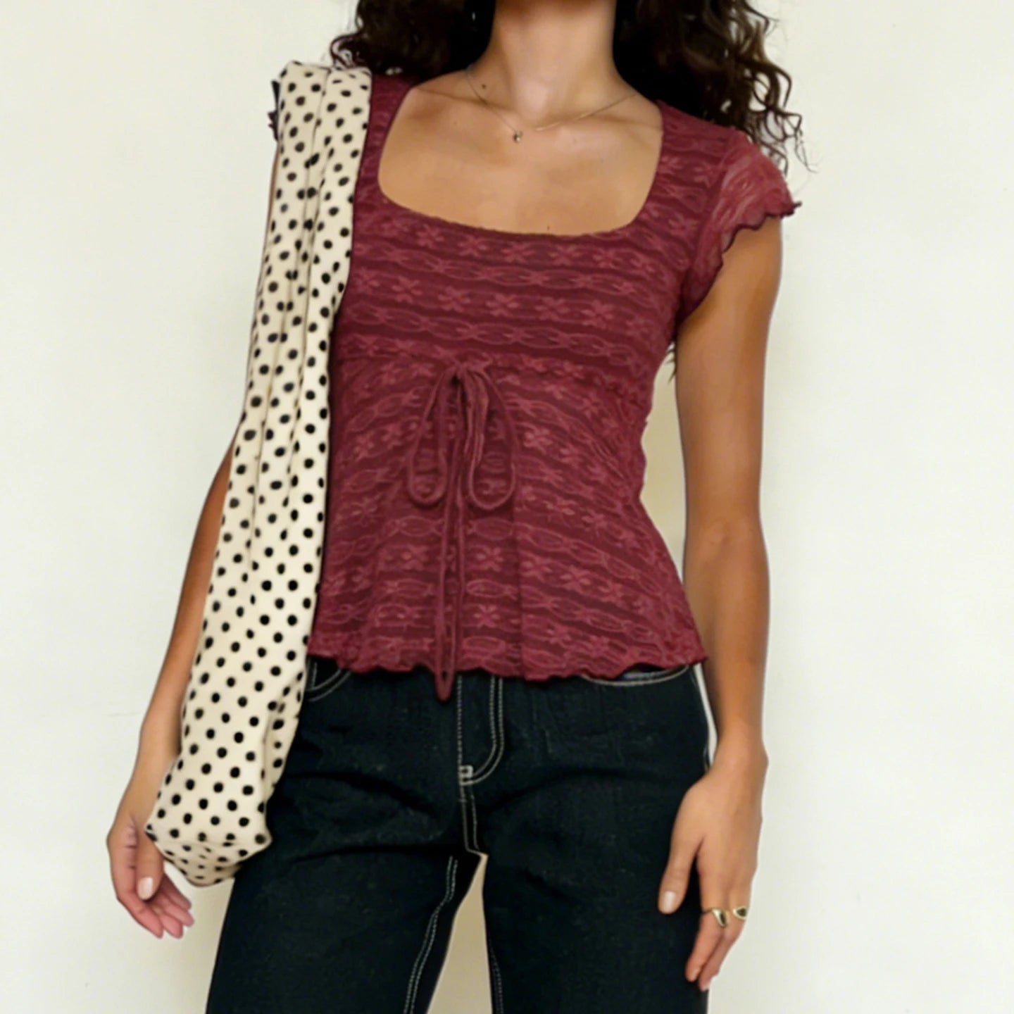 Sleeveless Solid Color Knitted Eco - Friendly T Shirt with Ruffle Trim and Front Tie Casual Fresh Style - Zeprah