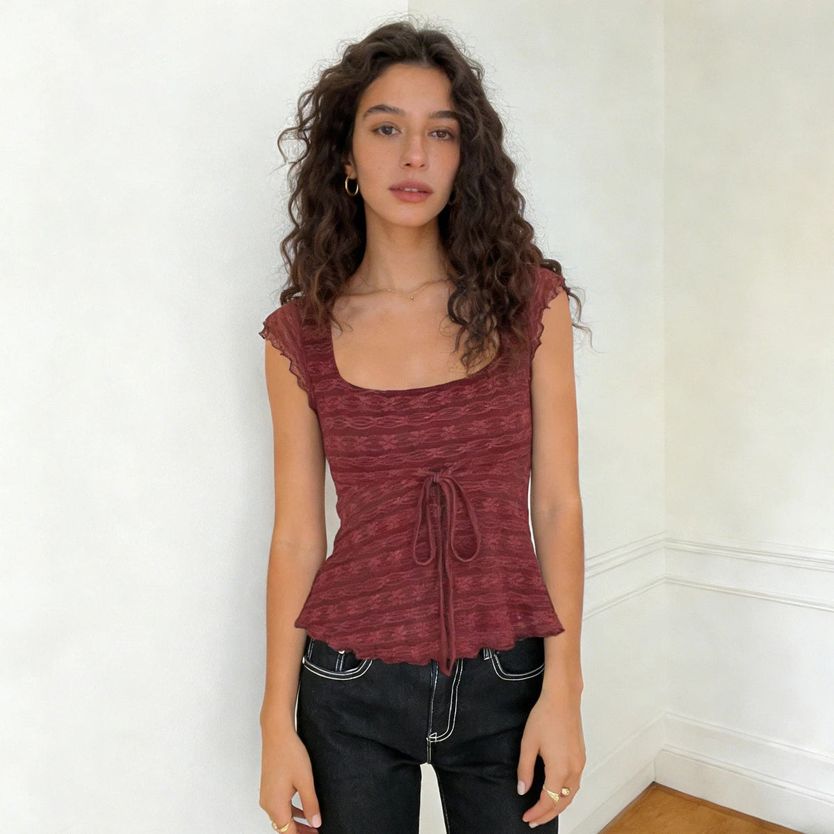 Sleeveless Solid Color Knitted Eco - Friendly T Shirt with Ruffle Trim and Front Tie Casual Fresh Style - Zeprah