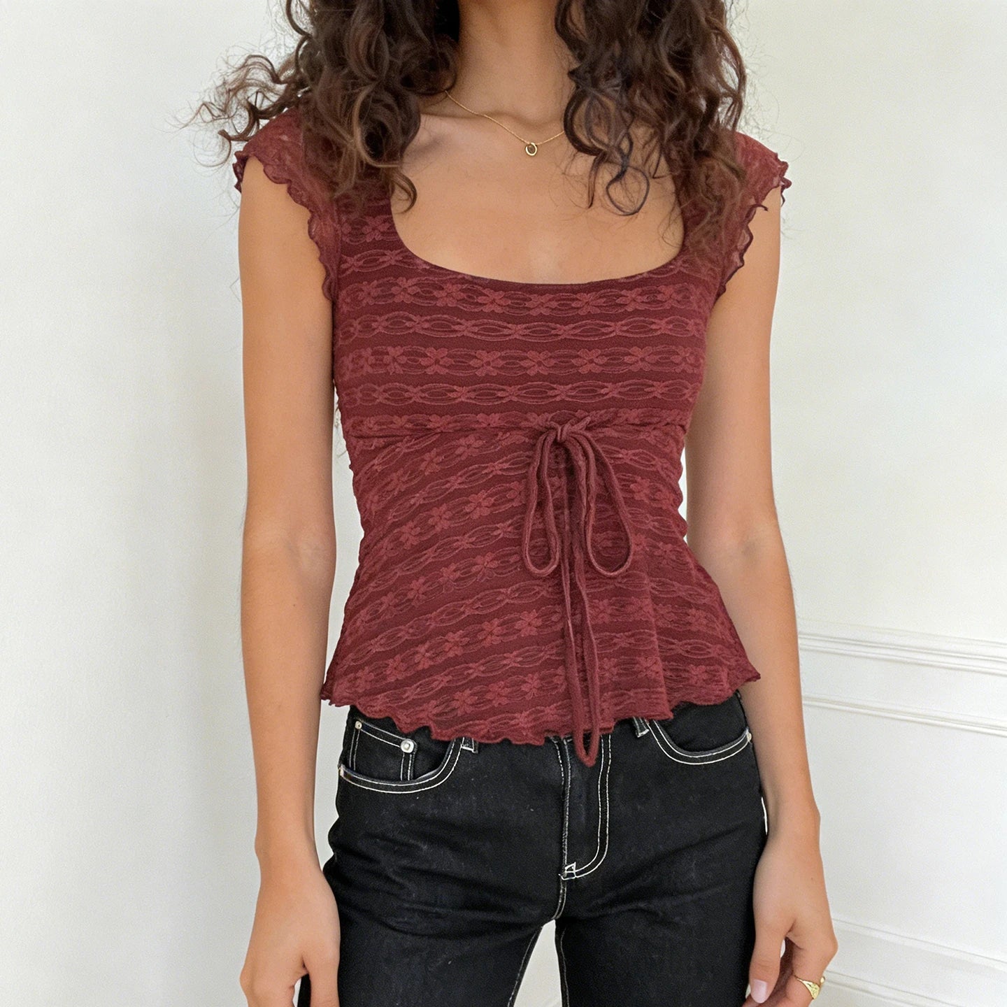 Sleeveless Solid Color Knitted Eco - Friendly T Shirt with Ruffle Trim and Front Tie Casual Fresh Style - Zeprah