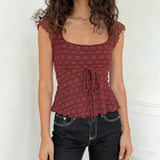 Sleeveless Solid Color Knitted Eco - Friendly T Shirt with Ruffle Trim and Front Tie Casual Fresh Style - Zeprah