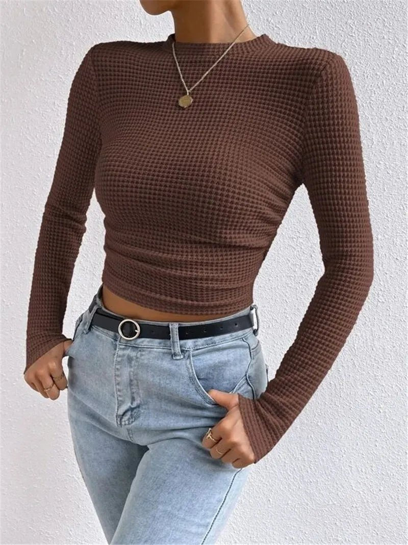 Slim - fit All - match Long - sleeved Plaid Round Neck Women's T-shirt Pleated Top - Zeprah