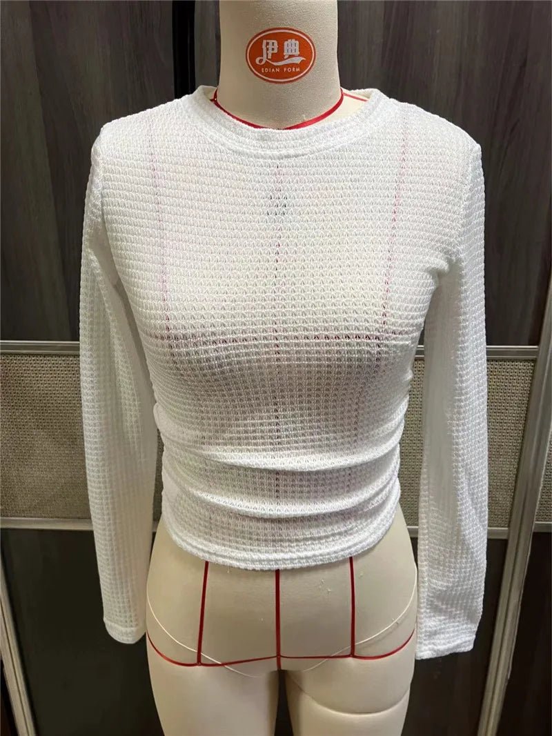 Slim - fit All - match Long - sleeved Plaid Round Neck Women's T-shirt Pleated Top - Zeprah