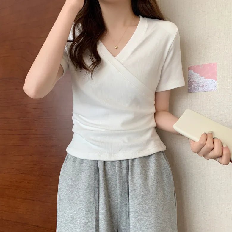 Slim - fit Graphic Tee Crossed V - neck Tops for Women Simple T-shirt for Women - Zeprah