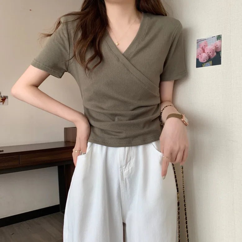 Slim - fit Graphic Tee Crossed V - neck Tops for Women Simple T-shirt for Women - Zeprah