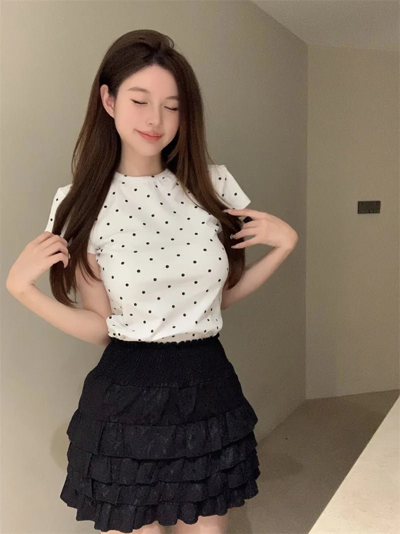 Slim - fit Graphic Tee Vintage Wave Point Short - sleeved Blouse Versatile T-shirt for Women - Zeprah