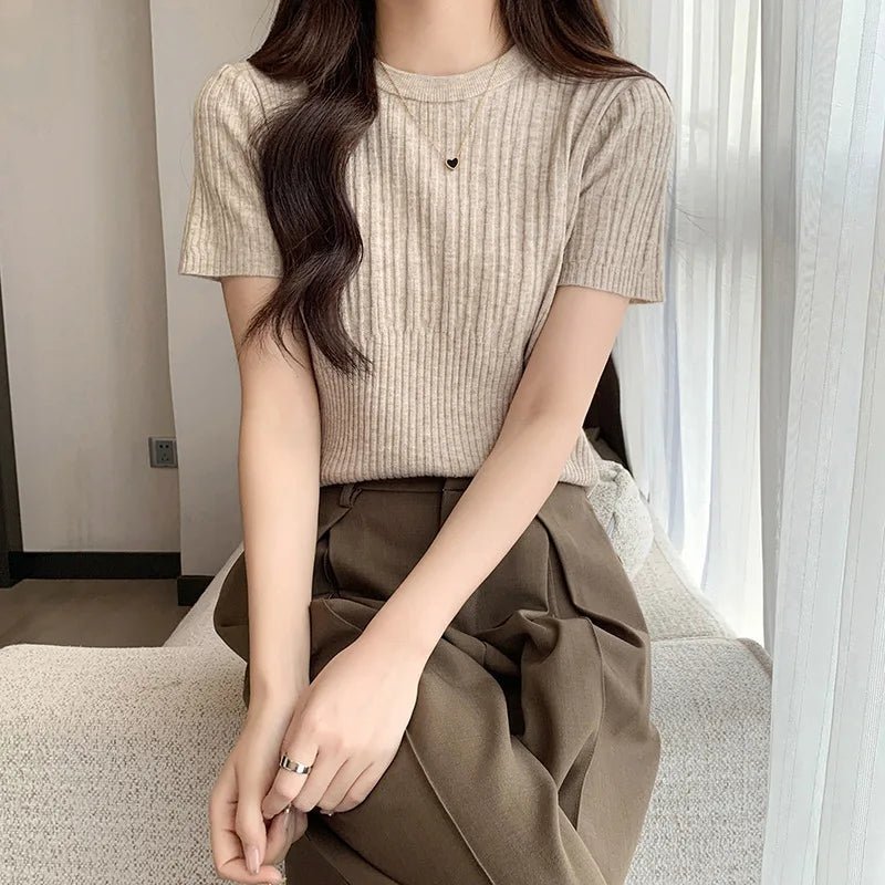 Slim - fit Short - sleeved Blouse Knitted T-shirt for Women Crewneck Short - Sleeved Tee - Zeprah