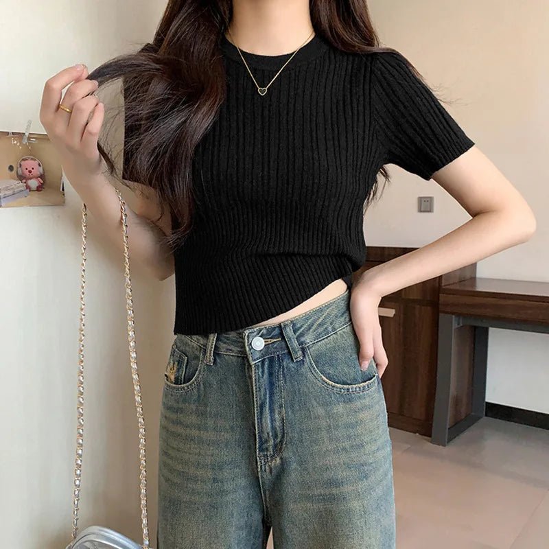 Slim - fit Short - sleeved Blouse Knitted T-shirt for Women Crewneck Short - Sleeved Tee - Zeprah