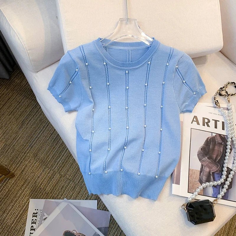 Slim - fit Short - sleeved Blouse Knitted T-shirt for Women Trendy Short - Sleeved Tee - Zeprah