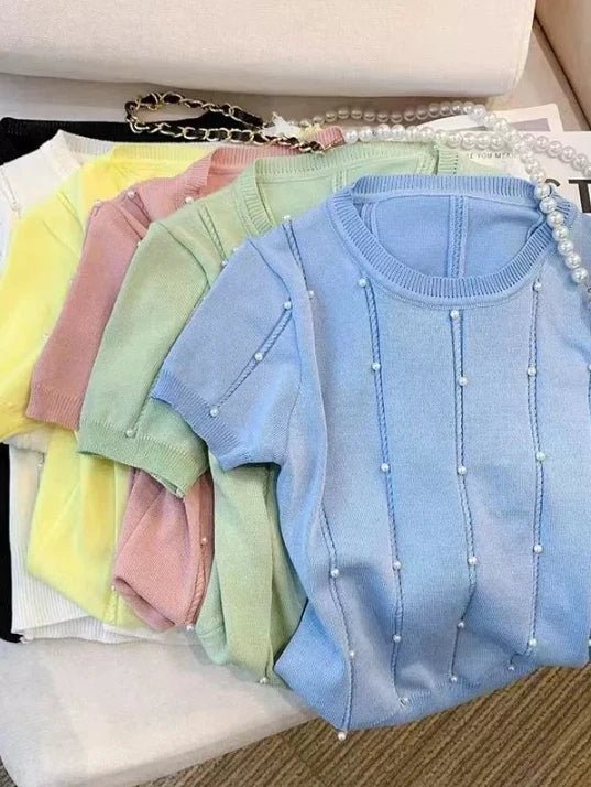 Slim - fit Short - sleeved Blouse Knitted T-shirt for Women Trendy Short - Sleeved Tee - Zeprah