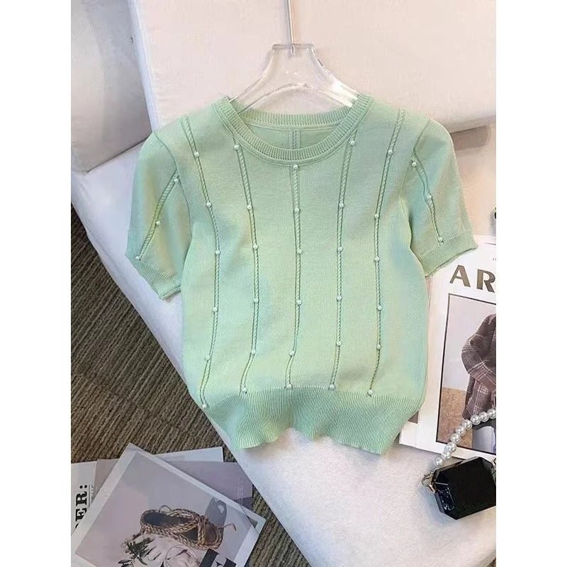 Slim - fit Short - sleeved Blouse Knitted T-shirt for Women Trendy Short - Sleeved Tee - Zeprah