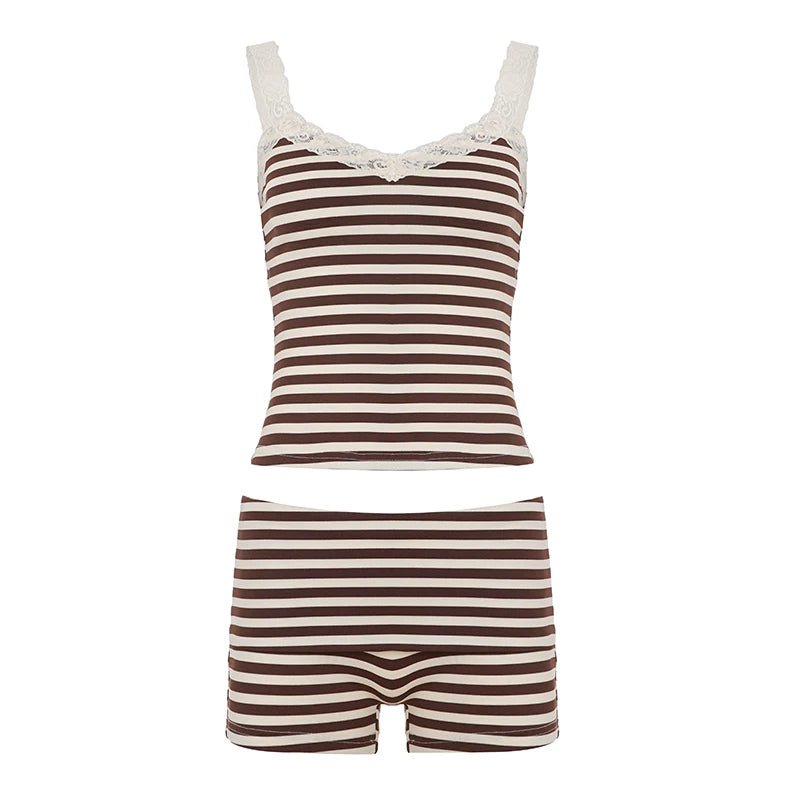 Slim - Fit Skinny Casual Striped Knit V - neck 2 - Piece Set Lace Cami Knee Low - Rise Raw - Edge Shorts Breathable Eco - Friendly Summer - Zeprah