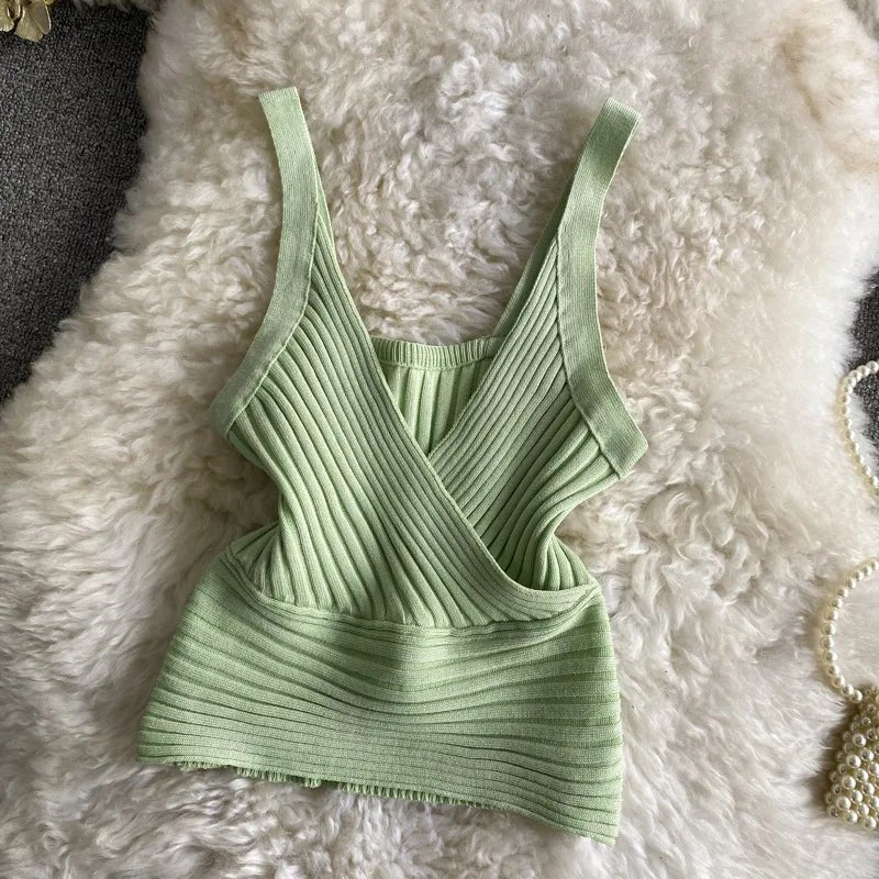 Slim - fit tank Top Knitted Camisole Spaghetti Strap Going Out Tops - Zeprah