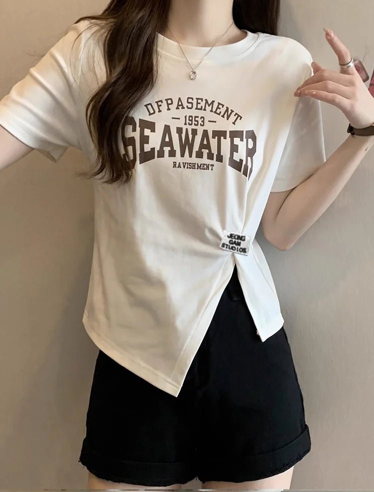 Slim - fit Tops for Women Dissymmetry T-shirt Wholesale Short Sleeve Top - Zeprah