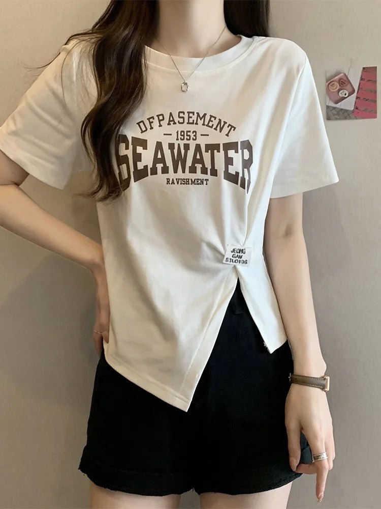 Slim - fit Tops for Women Dissymmetry T-shirt Wholesale Short Sleeve Top - Zeprah