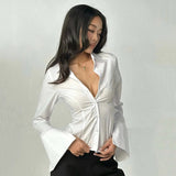 Slim Fit Women's Casual Woven Blouse Long Sleeve Solid Color Button Down Tummy Control Office Wear - Zeprah
