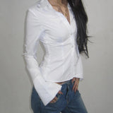 Slim Fit Women's Casual Woven Blouse Long Sleeve Solid Color Button Down Tummy Control Office Wear - Zeprah