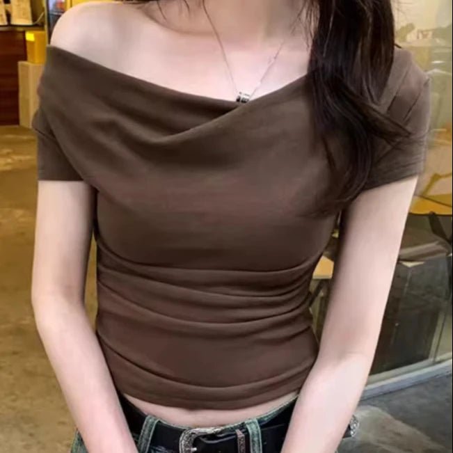 Slim - fit Women's Clothing Straight Shoulder Tops for Women Solid Short - Sleeved Tee - Zeprah