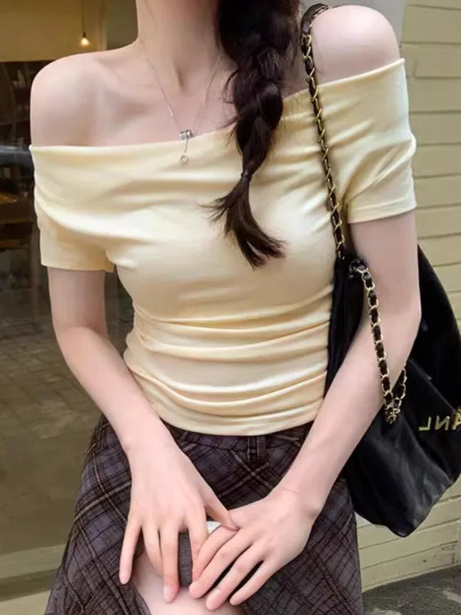 Slim - fit Women's Clothing Straight Shoulder Tops for Women Solid Short - Sleeved Tee - Zeprah