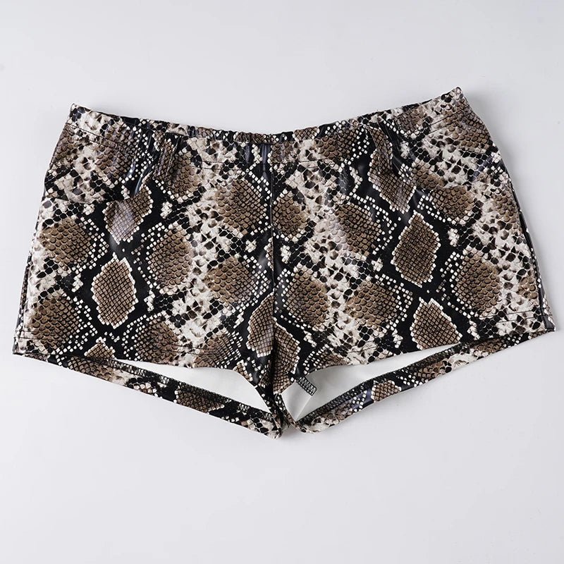 Snake Print Eco - Friendly Waterproof Skinny Shorts for Women Low Rise Stretch Faux Leather Street Style Elastic Waist - Zeprah