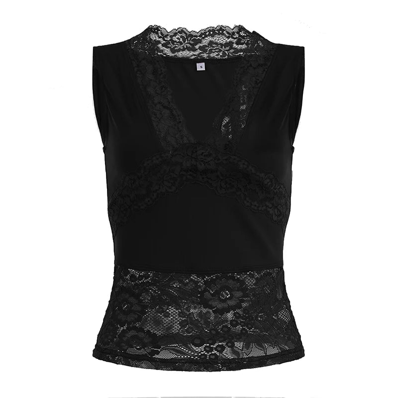 Soft Knitted Ribbed Eco - Friendly Breathable Casual Tank Top with V Neck and Lace Trim Slim Fit Stretchy Spandex/Polyester - Zeprah