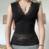 Soft Knitted Ribbed Eco - Friendly Breathable Casual Tank Top with V Neck and Lace Trim Slim Fit Stretchy Spandex/Polyester - Zeprah