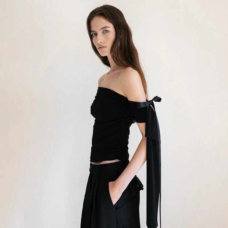 Solid Color Asymmetrical off Shoulder Pleat Knitted Eco - Friendly Breathable Slim Fit Summer Women's T-Shirt Vacation Top - Zeprah