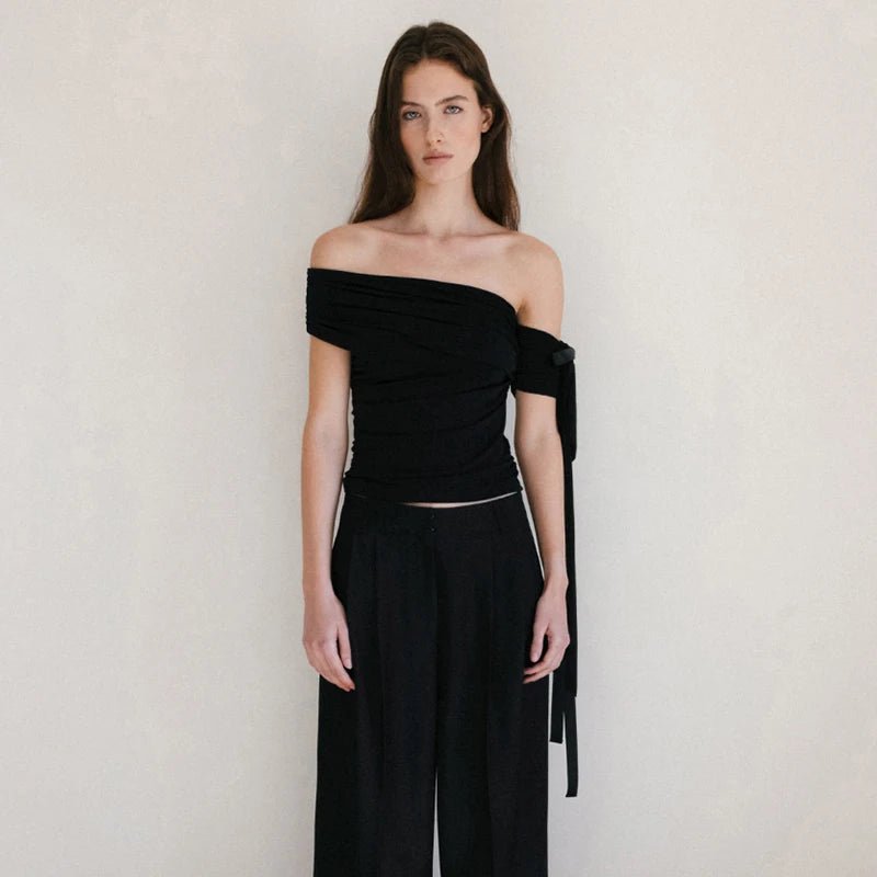 Solid Color Asymmetrical off Shoulder Pleat Knitted Eco - Friendly Breathable Slim Fit Summer Women's T-Shirt Vacation Top - Zeprah