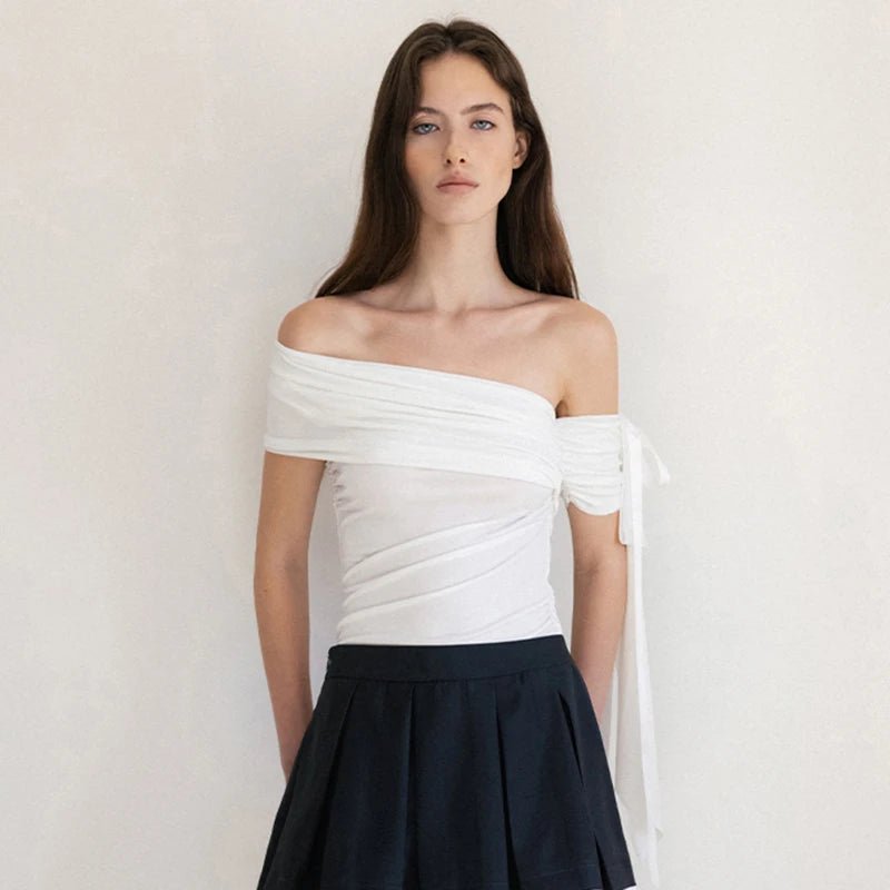 Solid Color Asymmetrical off Shoulder Pleat Knitted Eco - Friendly Breathable Slim Fit Summer Women's T-Shirt Vacation Top - Zeprah