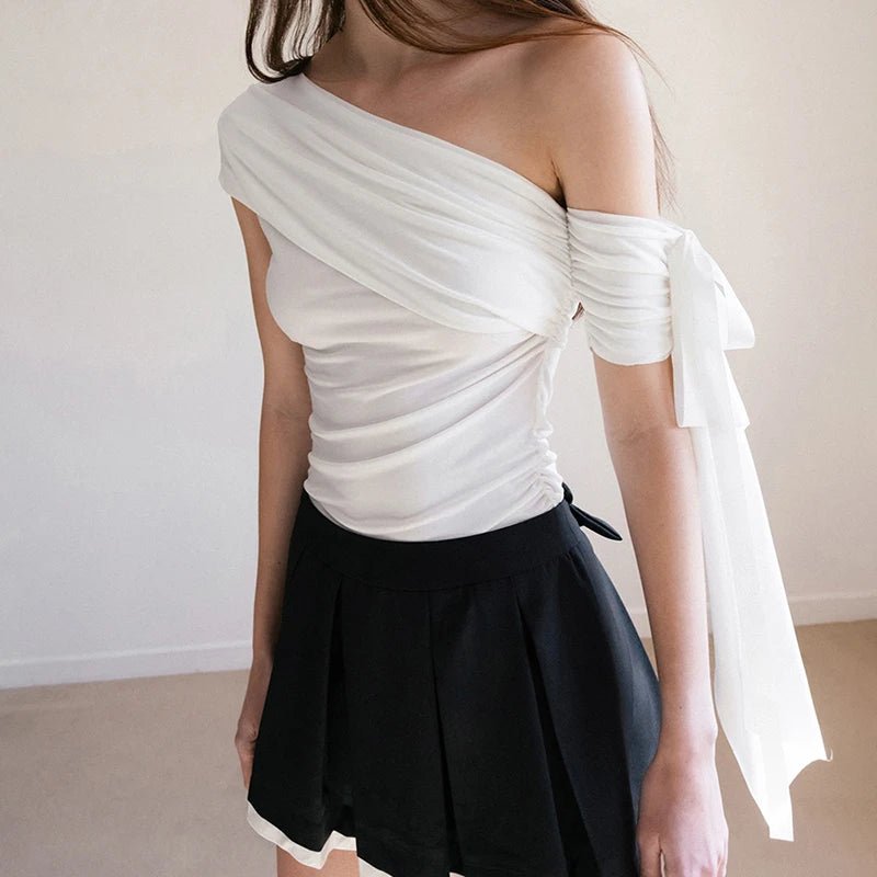 Solid Color Asymmetrical off Shoulder Pleat Knitted Eco - Friendly Breathable Slim Fit Summer Women's T-Shirt Vacation Top - Zeprah